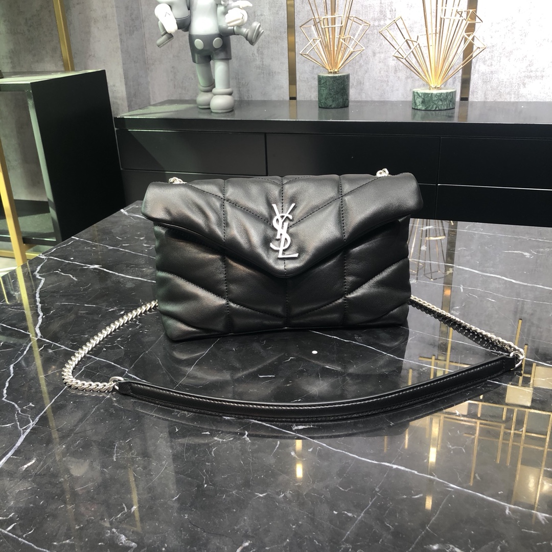 Saint Laurent Loulou Puffer Toy Lambskin Shoulder Bag Handbag Black 759337 Silver